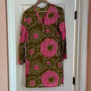 Trina Turk Olive Green Shift Dress with Hot Pink Floral Print